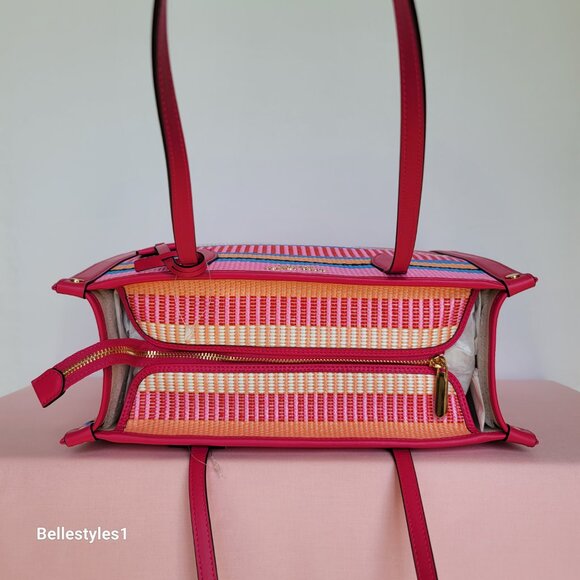 KATE SPADE Market Striped Woven Straw Medium Tote Bag-Wild Raspberry Multi ⭐ - Picture 11 of 16